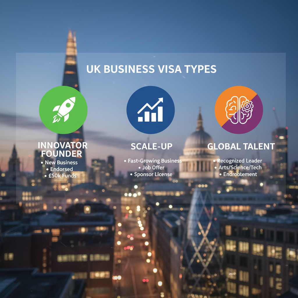 A vibrant infographic illustrating different UK business visa types with distinct icons and clear labels for 'Innovator Founder', 'Scale-up', and 'Global Talent' visas, set against a background of London's skyline. Photorealistic.