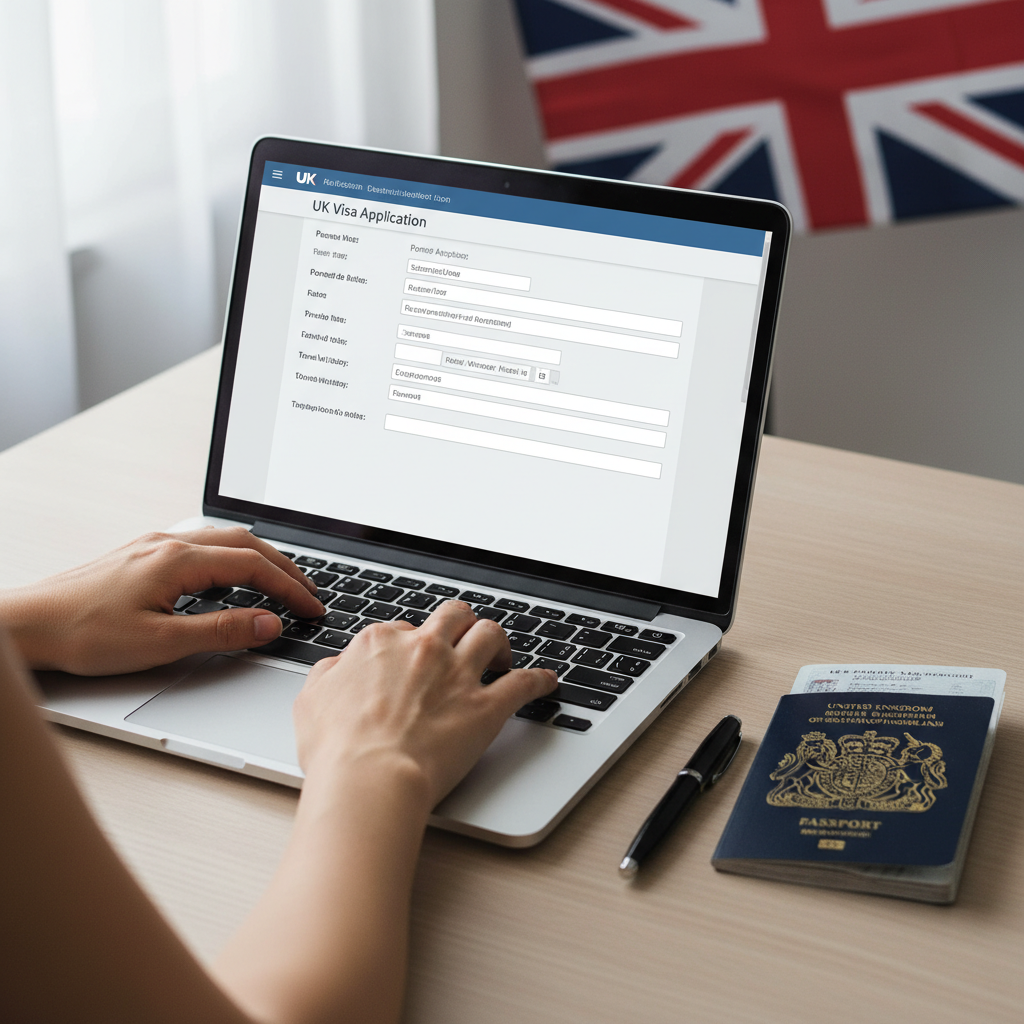 A person's hands filling out an online visa application form on a laptop, with a UK flag subtly blurred in the background, a pen and passport visible on a modern desk. The scene is bright and clear, photorealistic.