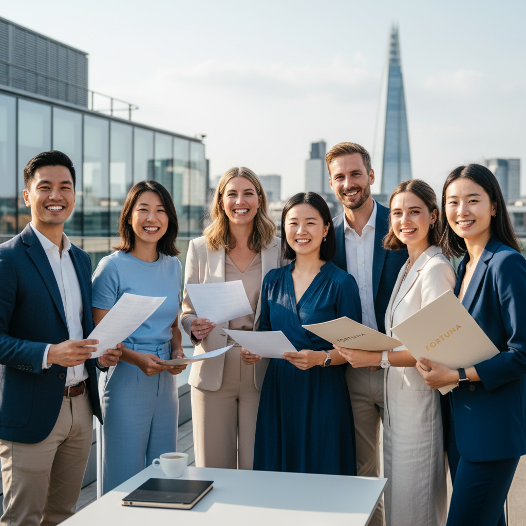 A diverse group of expats in a bright, modern UK city setting, looking relaxed and confident while holding documents, suggesting successful financial planning. Photorealistic, soft natural light.