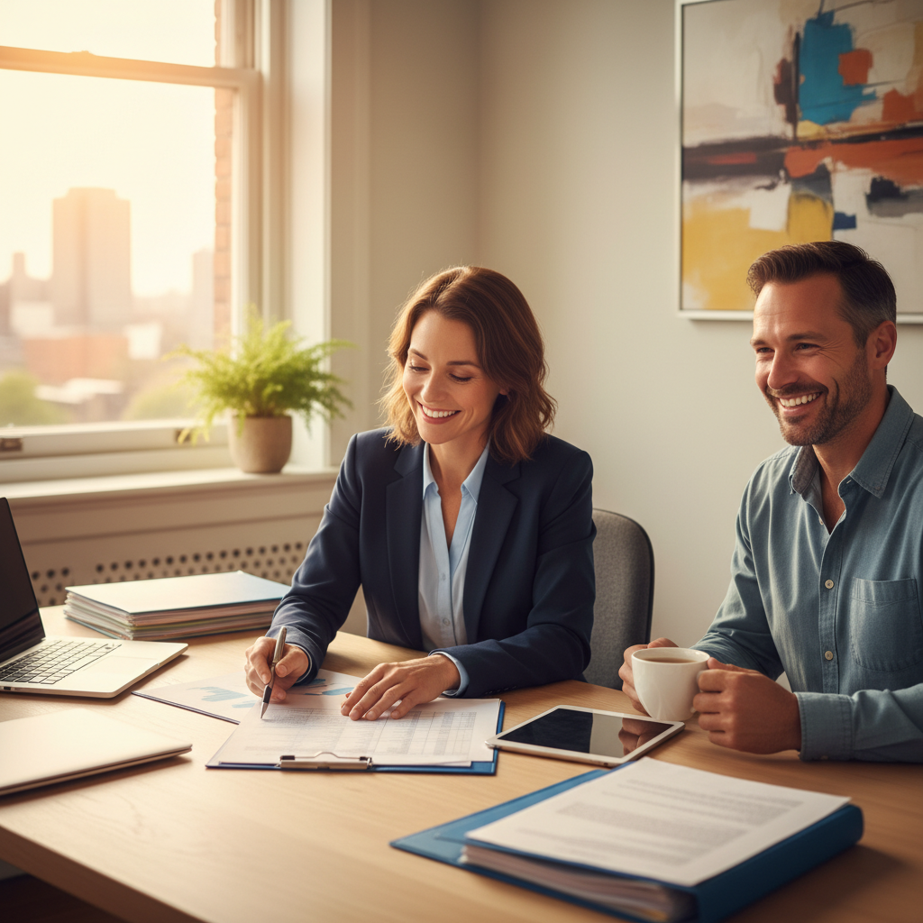 A professional, friendly UK accountant in a bright, modern office explaining complex financial documents to a smiling expat client, both seated at a clean desk. The atmosphere is collaborative and reassuring. Photorealistic, warm lighting.