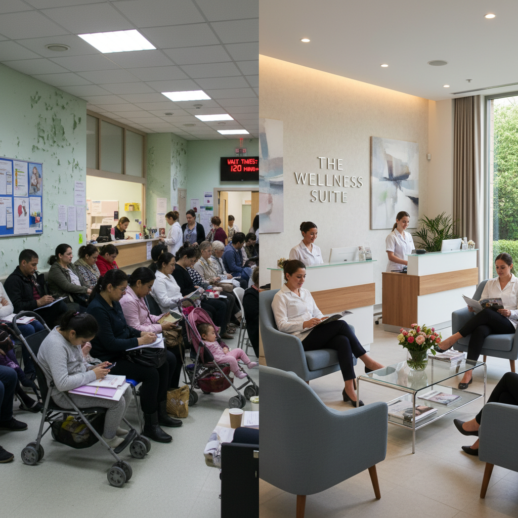 A split image showing on one side a busy, somewhat crowded NHS waiting room with diverse patients, and on the other side, a calm, modern, well-lit private clinic reception area with fewer people, professional staff, and comfortable seating. Photorealistic.
