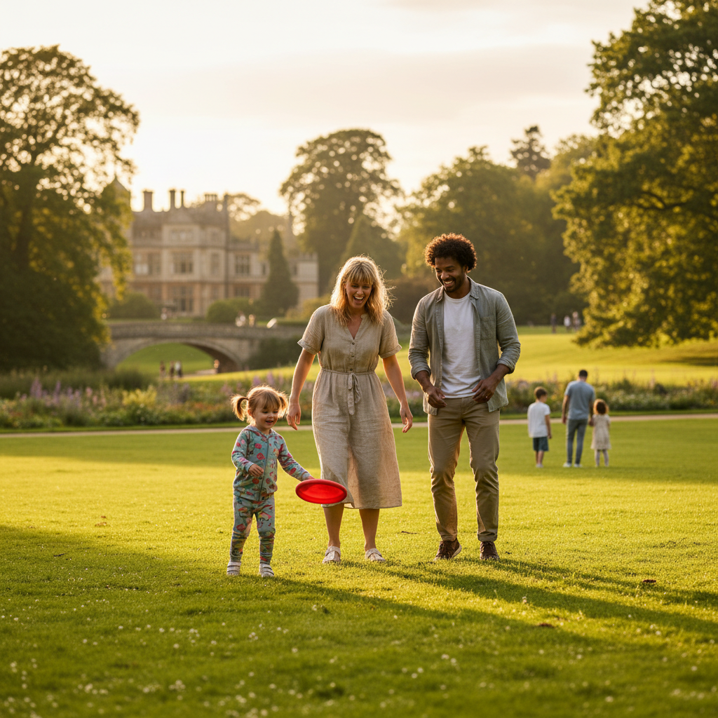 A happy expat couple and their child playing in a park in the UK, looking healthy and carefree, with a sense of security and peace of mind. Warm sunlight, photorealistic.