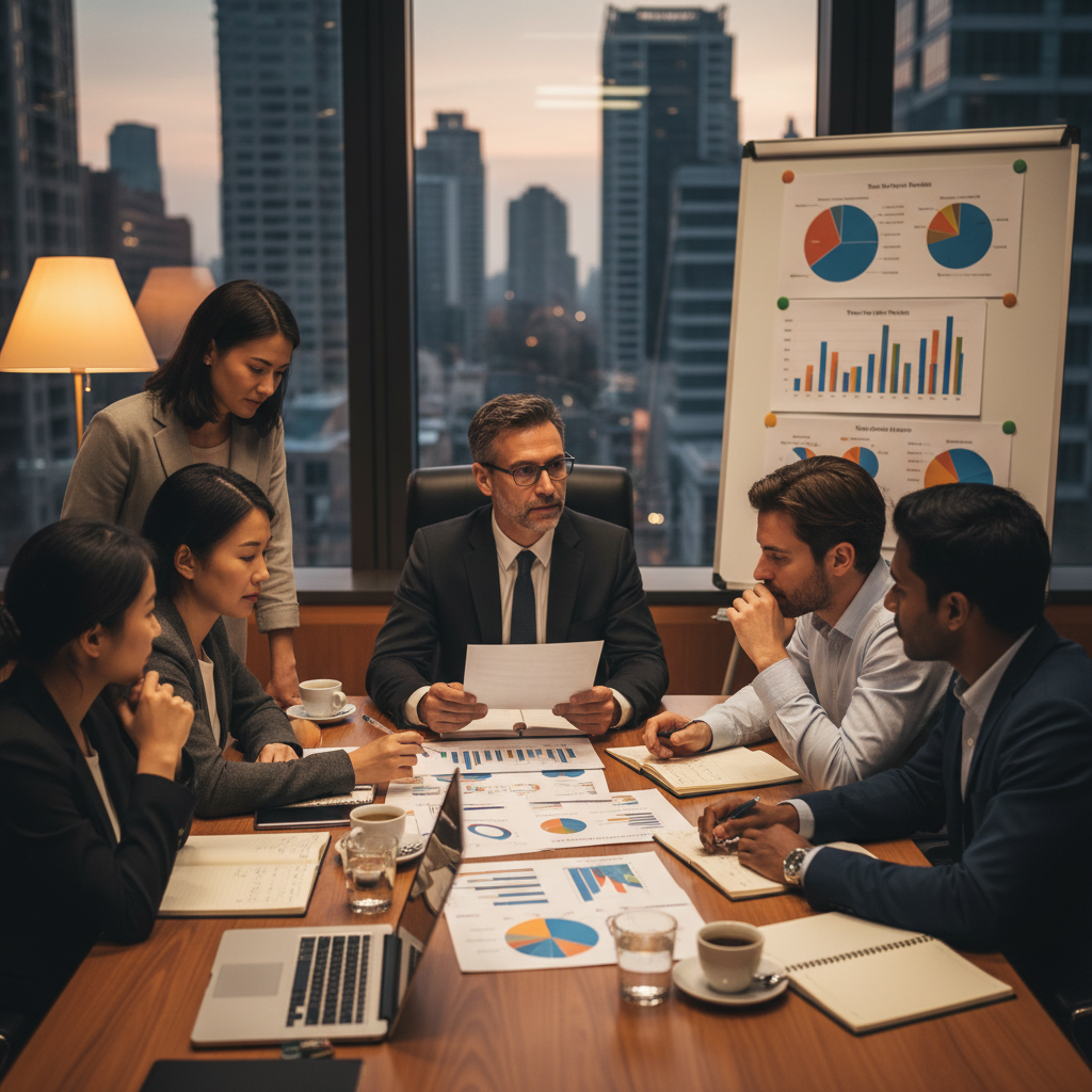 A diverse group of expat individuals from different countries sitting around a table with a professional tax advisor, looking at tax documents and charts, discussing their financial situation. The atmosphere is collaborative and serious, with warm lighting. Photorealistic style.