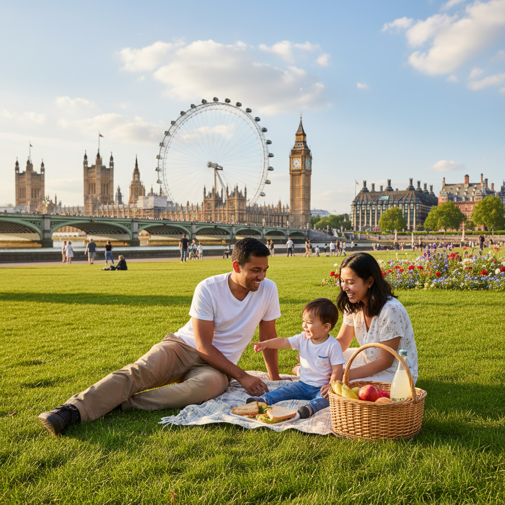 A happy expat couple and their child are having a picnic in a beautiful London park, with iconic landmarks like the London Eye in the background. They are smiling and relaxed, symbolizing financial peace of mind. Bright, sunny day, photorealistic.