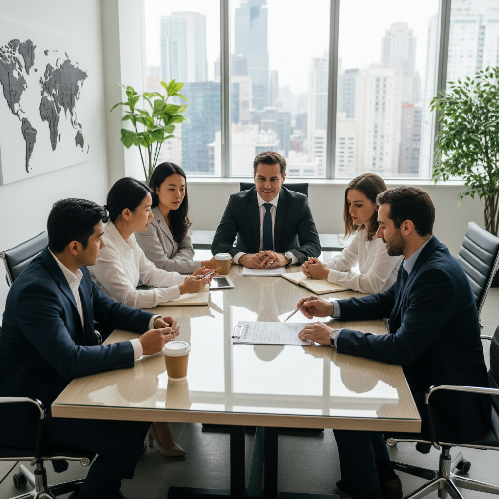 A diverse group of expat individuals, looking professional and slightly anxious, consulting with a friendly and knowledgeable immigration lawyer in a modern, well-lit office. The lawyer is pointing to a document on a table, explaining intricate details. Photorealistic.