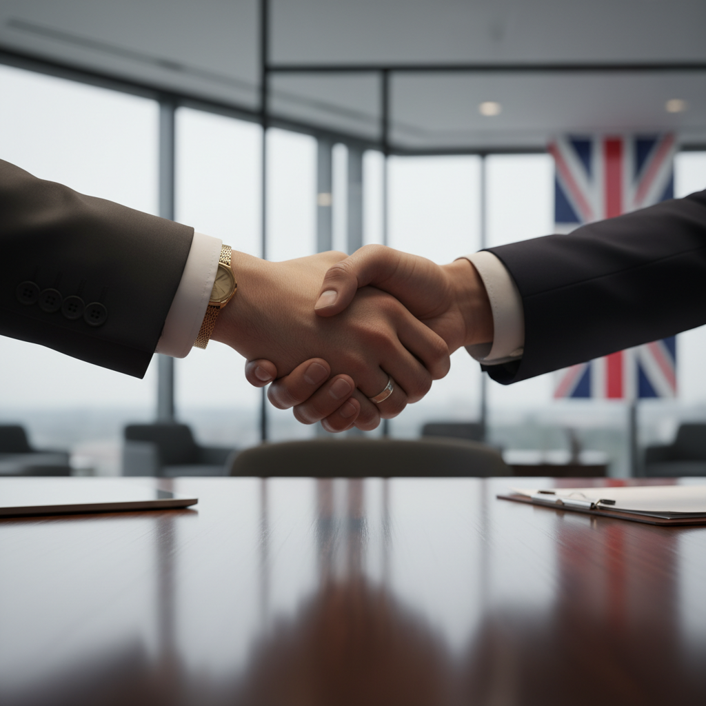 A close-up, photorealistic shot of two hands shaking firmly across a polished wooden desk, symbolizing a successful and reassuring legal agreement. A subtle, blurred background of a modern UK office and a faint Union Jack flag can be seen. Focus on the handshake as a sign of trust and partnership.