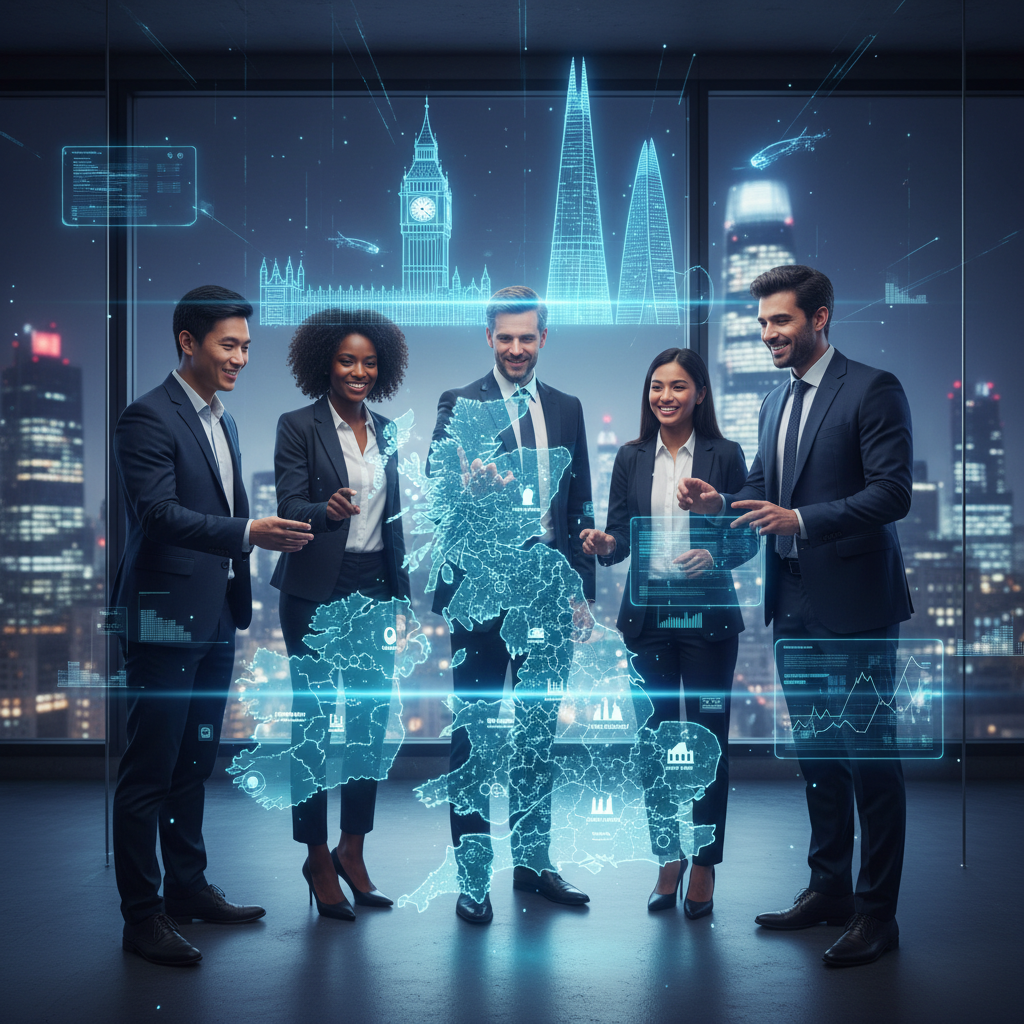 A diverse group of smiling entrepreneurs from different ethnic backgrounds collaborating and looking at a holographic projection of a UK map, with famous London landmarks subtly in the background, vibrant and futuristic, photorealistic