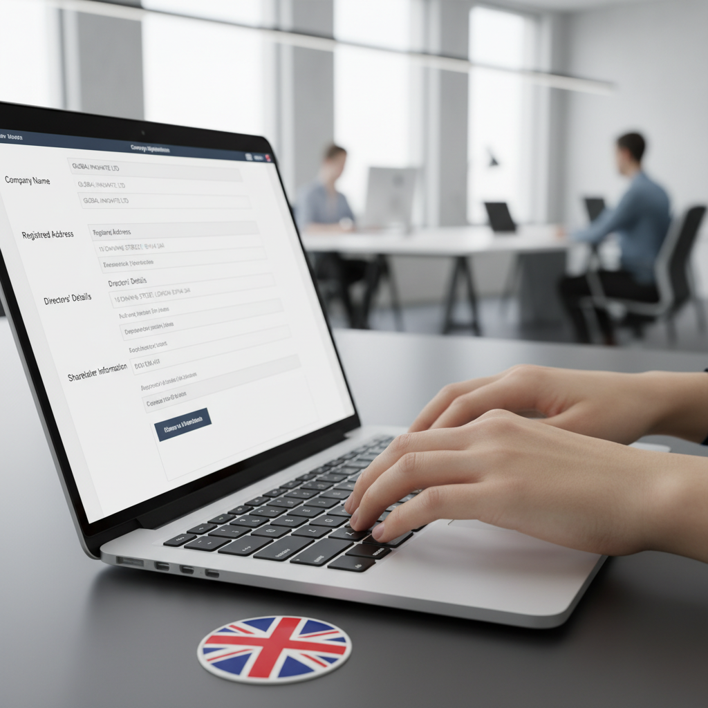 A close-up, photorealistic shot of hands typing on a laptop keyboard, with a UK flag sticker on the laptop. On the screen, a digital form for company registration is visible, with a blurred background of a modern office, bright and clean