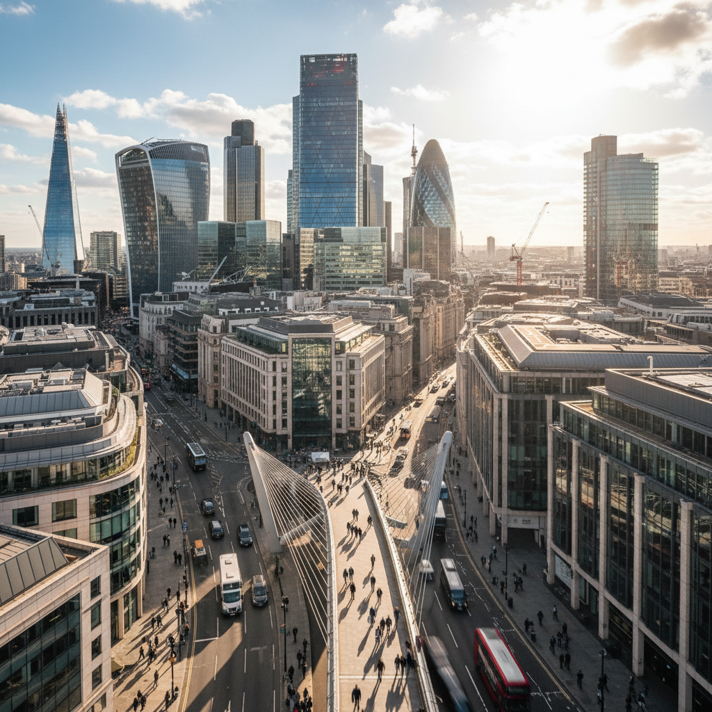 A vibrant, bustling financial district in London, with modern skyscrapers reflecting the sun, people walking purposefully, photorealistic, high angle shot.