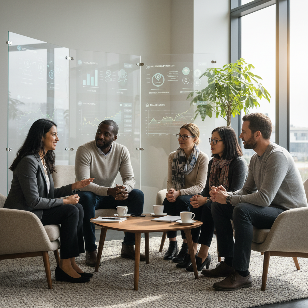 A multi-ethnic group of expats having a friendly discussion with a financial advisor in a modern, comfortable office setting, digital screens showing diverse investment options in the background, natural lighting, photorealistic.