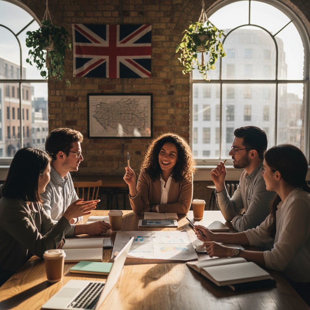 A diverse group of young entrepreneurs, male and female, from different ethnic backgrounds, enthusiastically collaborating on a business plan in a modern, sunlit co-working space in London, with a Union Jack subtly visible in the background, photorealistic