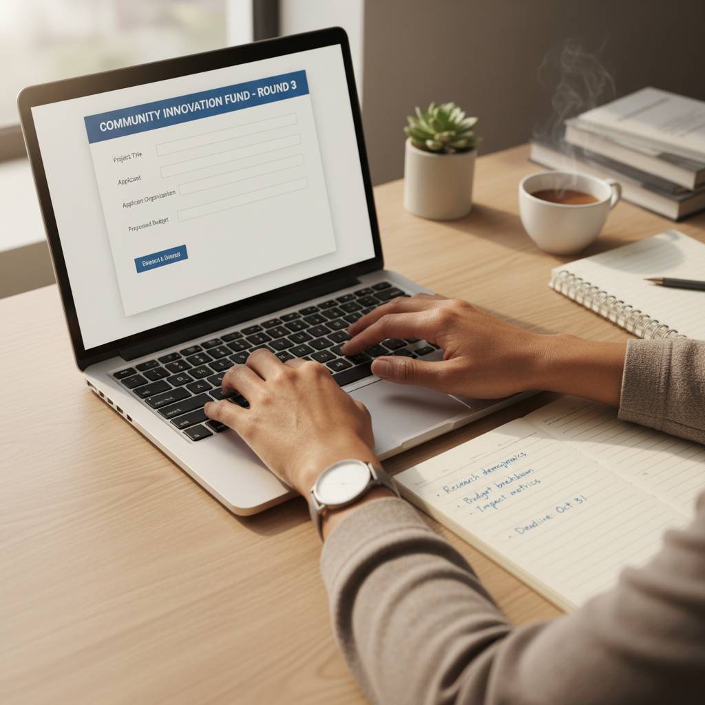 A professional desk setup with a laptop displaying a grant application form, a notepad with handwritten notes, and a focused pair of hands (diverse ethnicity) typing, illuminated by soft natural light, photorealistic