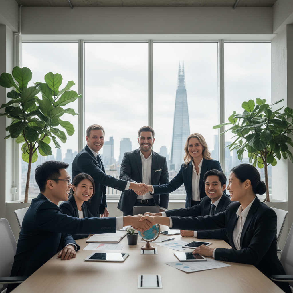 A diverse group of business professionals from different backgrounds, smiling and shaking hands in a modern, bright office, representing international business and collaboration. Photorealistic.