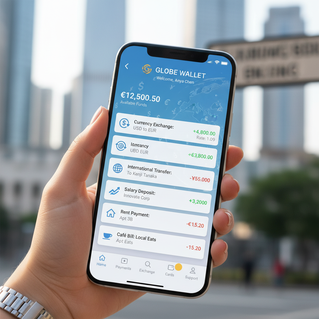 A smartphone displaying a mobile banking app interface with various financial transactions and currency exchange symbols, representing the ease of digital banking for expats. Photorealistic.