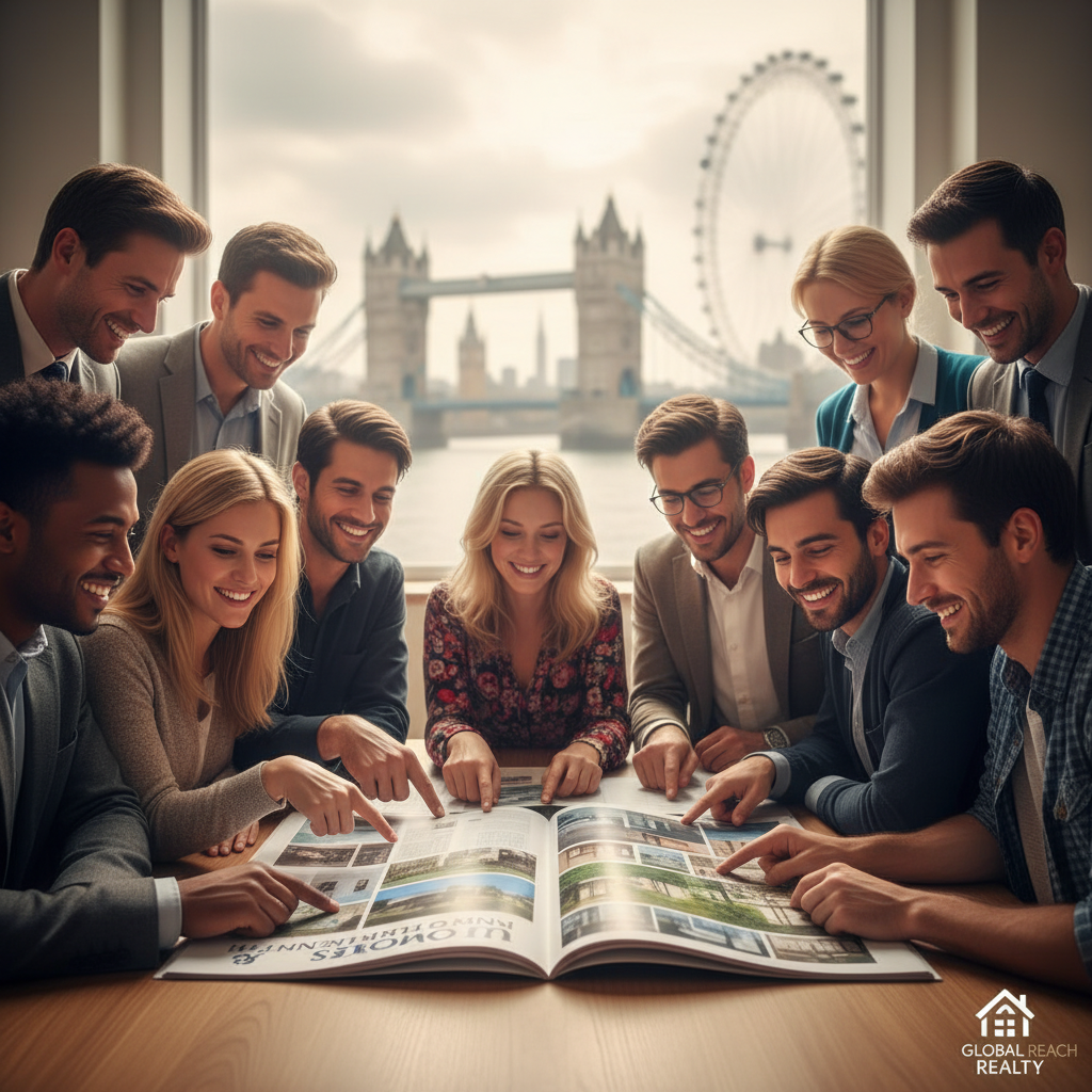 A diverse group of people from different countries, smiling and looking at a brochure about UK homes, with famous London landmarks subtly blurred in the background, photorealistic, cinematic lighting
