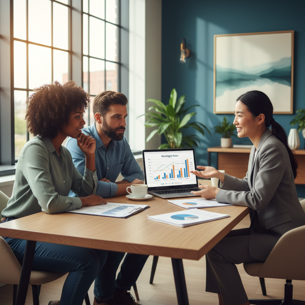 A diverse expat couple in a modern, stylish office, discussing mortgage options with a professional and friendly financial advisor, with a laptop showing financial charts, natural light, warm atmosphere